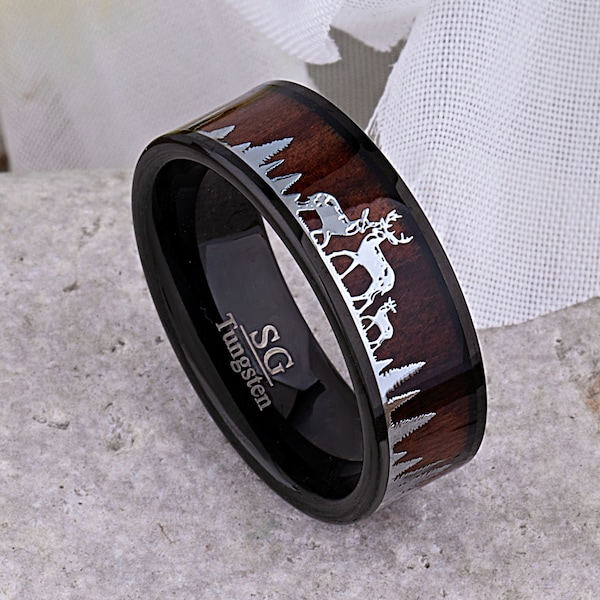 Deer Family Black Tungsten Wedding Band 8mm with Rosewood Inlay, Best Ring for Outdoor Person, Unique Gift for Boyfriend, Husband or Father