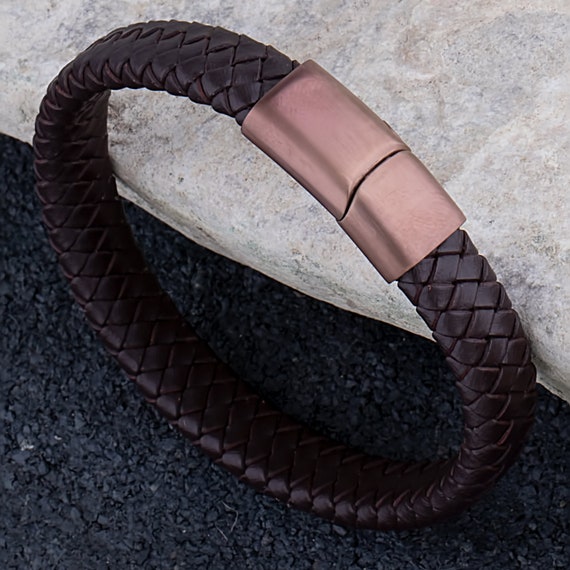 Buy Mens Leather Bracelet With Rose Gold Magnetic Slide Lock Clasp