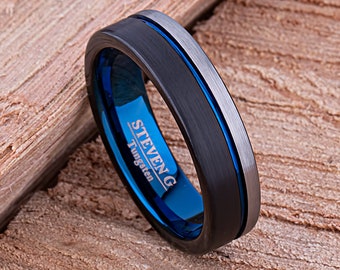 Tungsten Wedding Band 6mm with Black & Blue Plating Brushed, Mens or Womens Unique Engagement Ring, Promise Gift for Friend, Tungsten Ring