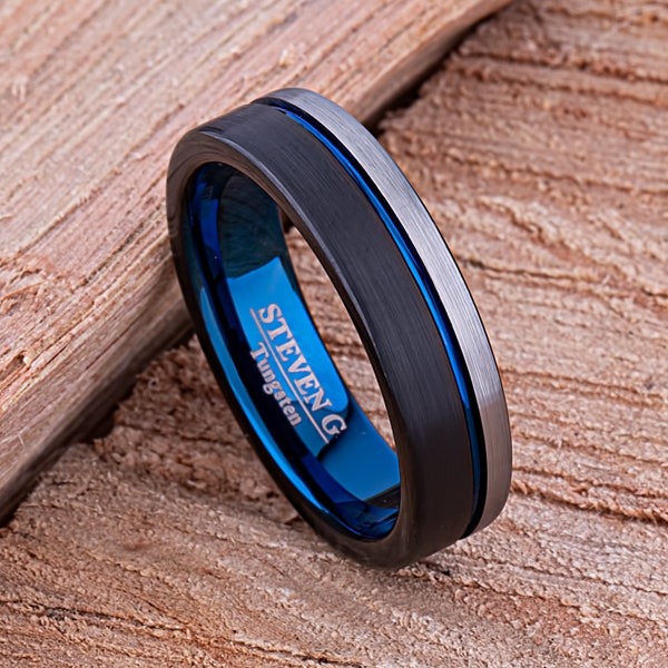 Tungsten Wedding Band 6mm with Black & Blue Plating Brushed, Mens or Womens Unique Engagement Ring, Promise Gift for Friend, Tungsten Ring