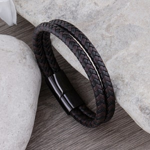 Stainless Steel Men&#39;s Bracelet with Black & Brown Braided Leather and Secure Clasp, Gift for Husband Boyfriend Father, Present for Birthday