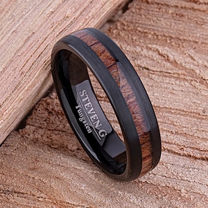 Black Tungsten Wedding Band: Padauk Wood Inlay, 6mm Unisex Ring