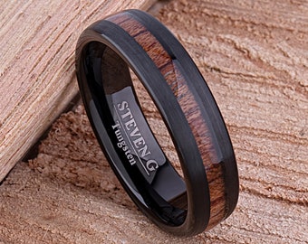 Tungsten Wedding Ring or Engagement Band 6mm, Padauk Wood Inlay and Black Plating, Promise Ring for Man & Woman, Unique Unisex Tungsten Band