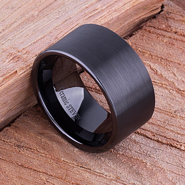 Black Hi-Tech Ceramic Ring Style Wedding Engagement Band 12mm Wide Flat Tube Cut Style Light Satin Finish Comfort Fit