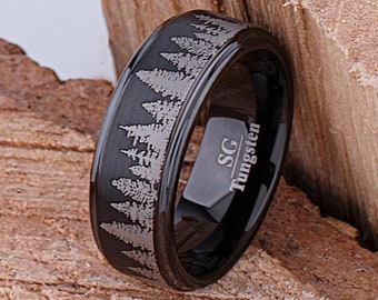 Black Forest Tungsten Band for Wedding or Engagement 8mm Wide, Promise Ring, Anniversary Band For Man or Woman, Unisex Tree Design