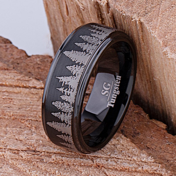 Black Forest Tungsten Band for Wedding or Engagement 8mm Wide, Promise Ring, Anniversary Band For Man or Woman, Unisex Tree Design