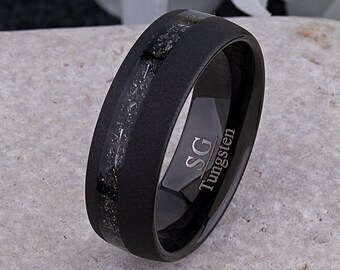 Meteorite Black Tungsten Carbide Wedding Band 8mm with Sandblast Finish, Unique Tungsten Ring, Popular Tungsten Gift for Men or Women