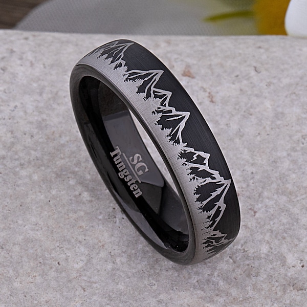 Mountain Style Tungsten Ring, Black Wedding Band 6mm Wide, Promise Band or Anniversary Gift for Him, Outdoor Motif for Nature Loving Friend