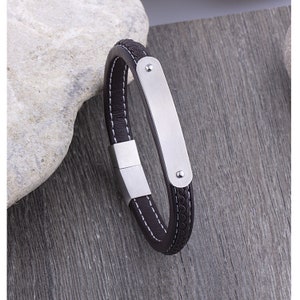 Men&#39;s Leather Bracelet with Brown Braid and Stainless Steel Engraving Plate, Steel Secure Magnetic Sliding Clasp Lock, Gift for Boyfriend