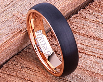 Tungsten Wedding Band 6mm Rose Gold & Black Brushed Finish, Unisex Engagement Ring, Gift For Boy or Girl Friend, Tungsten Promise Ring