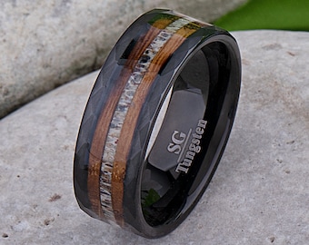 Whiskey Barrel Wood and Deer Antler Black Tungsten Wedding Band 8mm, Engagement Promise Anniversary Ring, Gift for Boyfriend or Husband