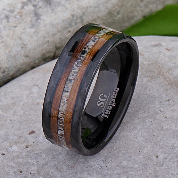 Whiskey Barrel Wood and Deer Antler Black Tungsten Wedding Band 8mm, Engagement Promise Anniversary Ring, Gift for Boyfriend or Husband