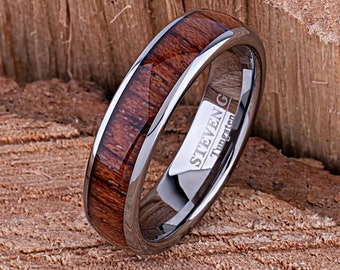 Tungsten Mens Band for Weddings or Engagements 6mm, Padauk Wood Inlay, Gift For Boyfriend, Promise Ring for Him, Tungsten Wood Ring