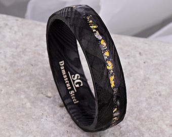 Damascus Steel Black Band 6mm Wide with Meteorite, Gold Leaf and Sandstone, Promise Ring for Men or Women or Anniversary Gift, Modern Design