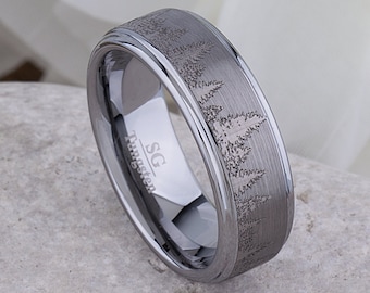 Forest Tungsten Band for Wedding or Engagement 8mm Wide, Men's Promise Ring, Anniversary Band For Man or Woman, Tungsten Ring Tree Design