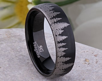 Forest Tungsten Ring, Black Mens Wedding Band or Mans Engagement Ring 7mm Wide, Promise Ring or Anniversary Band For Him, Tree Tungsten Ring