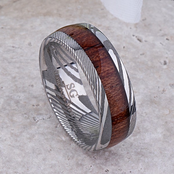 Damascus Steel Men's Weddings Band 8mm Wide with Padauk Wood Inlay, Engagement Gift For Boyfriend, Promise Ring for Him, Alternative Design