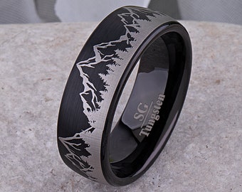 Mountain Style Tungsten Ring, Black Wedding Band 8mm Wide, Promise Band or Anniversary Gift for Him, Outdoor Motif for Nature Loving Friend