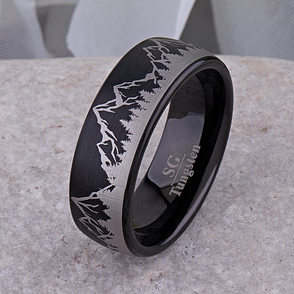 Anillo de tungsteno de montaña: alianza de boda negra de 8 mm con motivo de naturaleza.