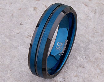 Tungsten Wedding Ring 6mm with Blue with Black Colors, Mens or Womens Engagement Band, Two-Tone Promise Ring for Boyfriend, Tungsten Ring