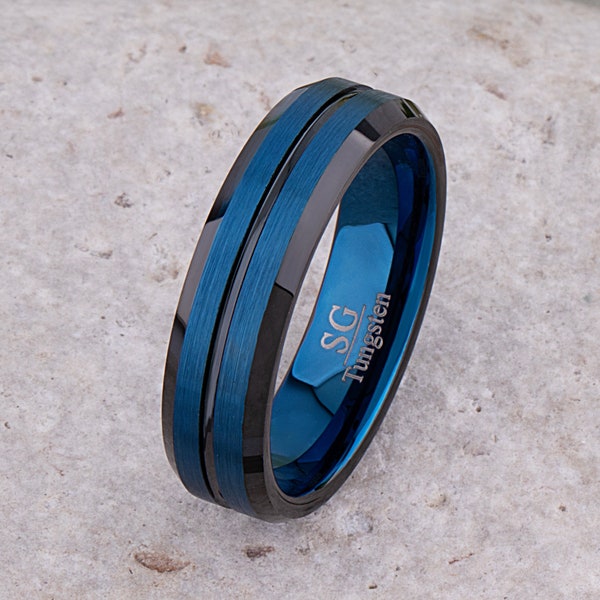 Alliance en tungstène de 6 mm avec du bleu et du noir, alliance pour homme ou femme, bague de promesse bicolore pour petit ami, bague en tungstène