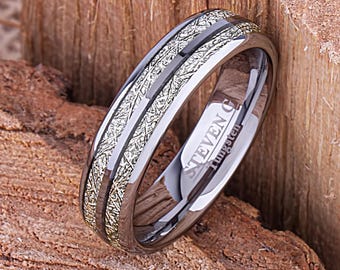Tungsten Wedding Band: 6mm Man-Made Meteorite Inlay