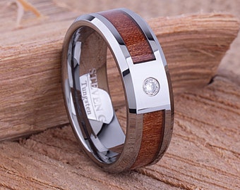 Tungsten Mens Wedding Band or Mens Engagement Ring 8mm with Koa Wood & 3mm CZ, Wood Wedding Band, Gift For Boyfriend, Tungsten Promise Ring