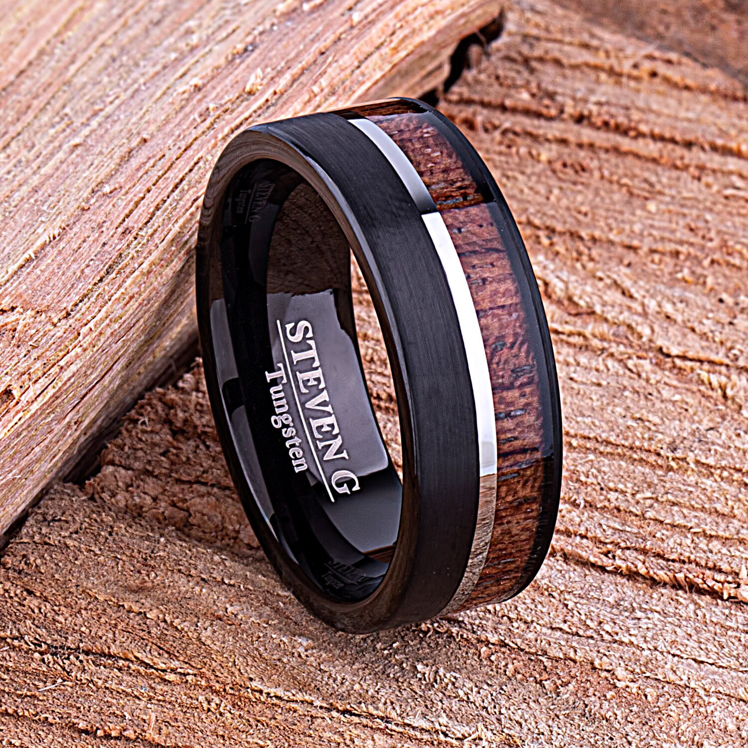 Tungsten Mens Wedding Band 8mm With Black Plating and Padauk Etsy UK