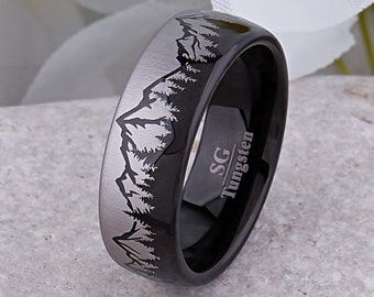 Mountain Style Tungsten Ring, Black Wedding Band 8mm Wide, Promise Band or Anniversary Gift for Him, Outdoor Motif for Nature Loving Friend