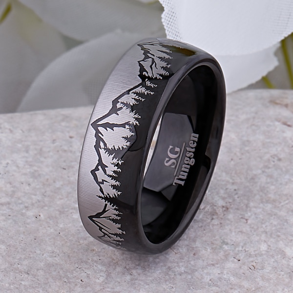 Mountain Style Tungsten Ring, Black Wedding Band 8mm Wide, Promise Band or Anniversary Gift for Him, Outdoor Motif for Nature Loving Friend