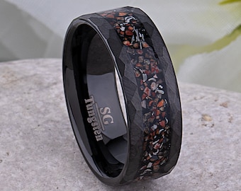 Dinosaur Bone and Meteorite Black Tungsten Wedding Band 8mm with Faceted Brush Finish, New Design Tungsten Ring, Best Quality Workmanship