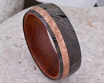 Damascus Steel Ring 8mm Wide with Iron Wood Interior & Copper Inlay Exterior, Gift For Boyfriend, Promise Ring for Him, Unique Modern Design