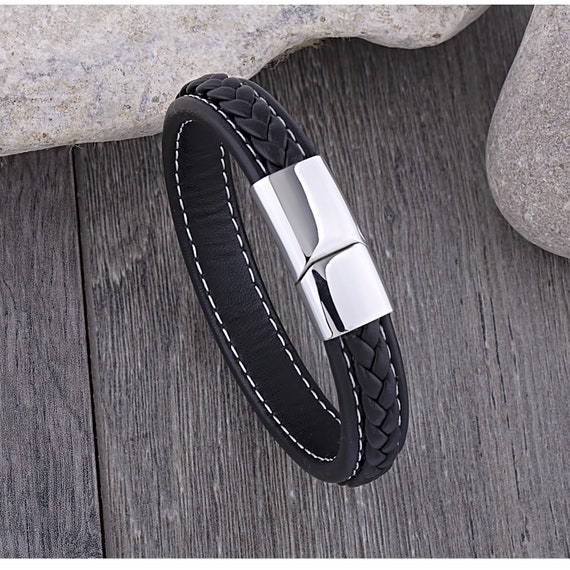 Men's Stainless Steel Black Braided & White Stitched - Etsy