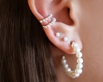 Pearl EARRINGS • Gift for Her • Pearl hoop earrings • Gold Silver Earrings • SERENDINI EH245