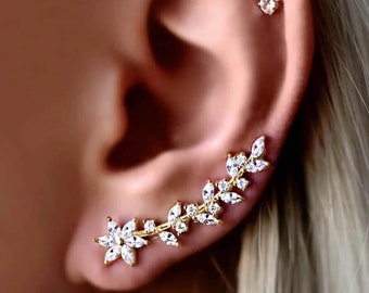 Ear climber earrings • Climber Earrings • GIFTS for her • Ear climber • Leaf Earrings • Flower earrings • 14K Gold Silver Earrings