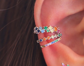 Boucles d'oreilles multicolores, manchette d'oreille sans piercing, faux piercing, manchette arc-en-ciel, boucles d'oreilles manchette, manchette en cartilage, boucles d'oreilles argent or rose, SERENDINI