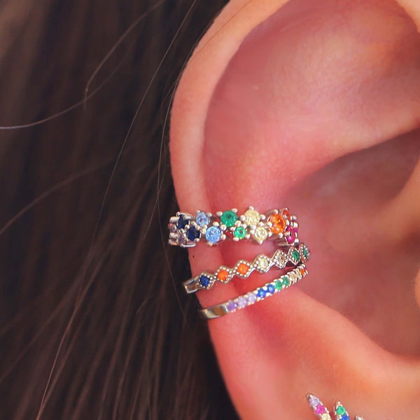 Multicolor earrings, no piercing ear cuff, fake piercing, rainbow cuff, cuff earrings, cartilage cuff, Silver Gold Rose Earrings, SERENDINI