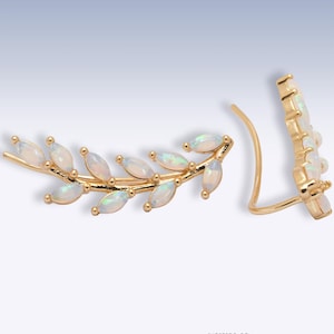 Ohrkletterer mit Opalblatt • Silber-goldene Ohrkletterer mit Laboropal • Floraler Brautschmuck • Funkelndes Hochzeitsgeschenk für Sie
