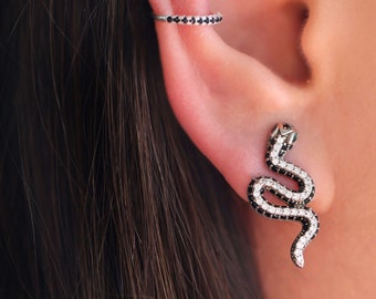 Boucles d'oreilles noires • Cadeau meilleur ami • Puces d'oreilles • Boucles d'oreilles serpent • Boucles d'oreilles noir argent et or • SERENDINI