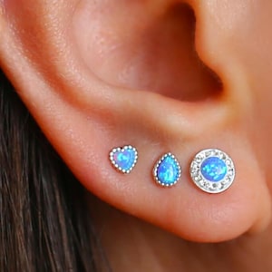 Blue OPAL Earrings • Gift SET • Opal Earrings Set • Heart OPAL Earrings • Fire Opal Earring • Earring for Multiple Piercings  • Opal Jewelry