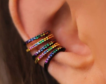 Multicolor earrings, no piercing ear cuff, fake piercing, rainbow cuff, cuff earrings, Minimalist earrings, silver earrings, cartilage cuff