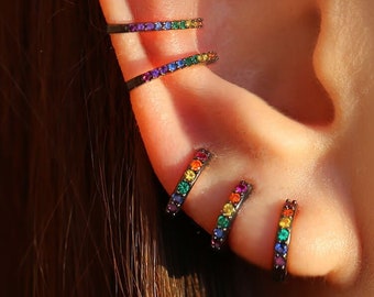Black HUGGIE Earrings • BEST Friend Gift • Rainbow hoop earrings • Earring for men • Gold Silver Black Earrings • SERENDINI • Ecr540