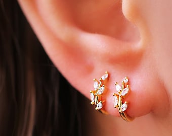 Gold HOOP Earrings • GIFTS for Her • Leaf Earrings • Gold