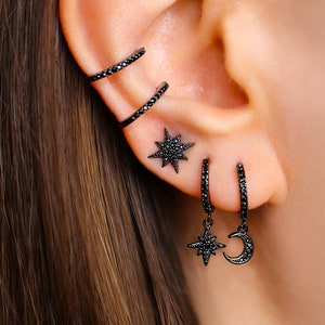 PENDIENTES NEGROS • Regalo para MEJOR AMIGA • Pendientes Huggie • Pendientes de botón • Pendientes negros de oro y plata • VERENDI E715