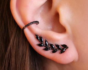 Black Earrings  • Climber Earrings • GIFT for her • LEAF earrings  •  Black Gold Silver Earrings  • SERENDINI