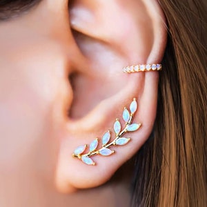 OPAL LEAF climber earrings GIFT for her gold rose silver earrings bridal earrings image 1