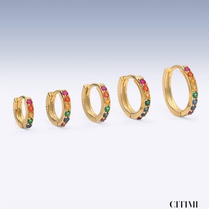 Pu&ograve; includere: Cinque orecchini a cerchio dorati disposti in ordine di grandezza crescente, ciascuno caratterizzato da una fila di piccole pietre preziose multicolori lungo il bordo anteriore. Le pietre mostrano un vivace spettro di colori tra cui rosso, arancione, giallo, verde e blu.