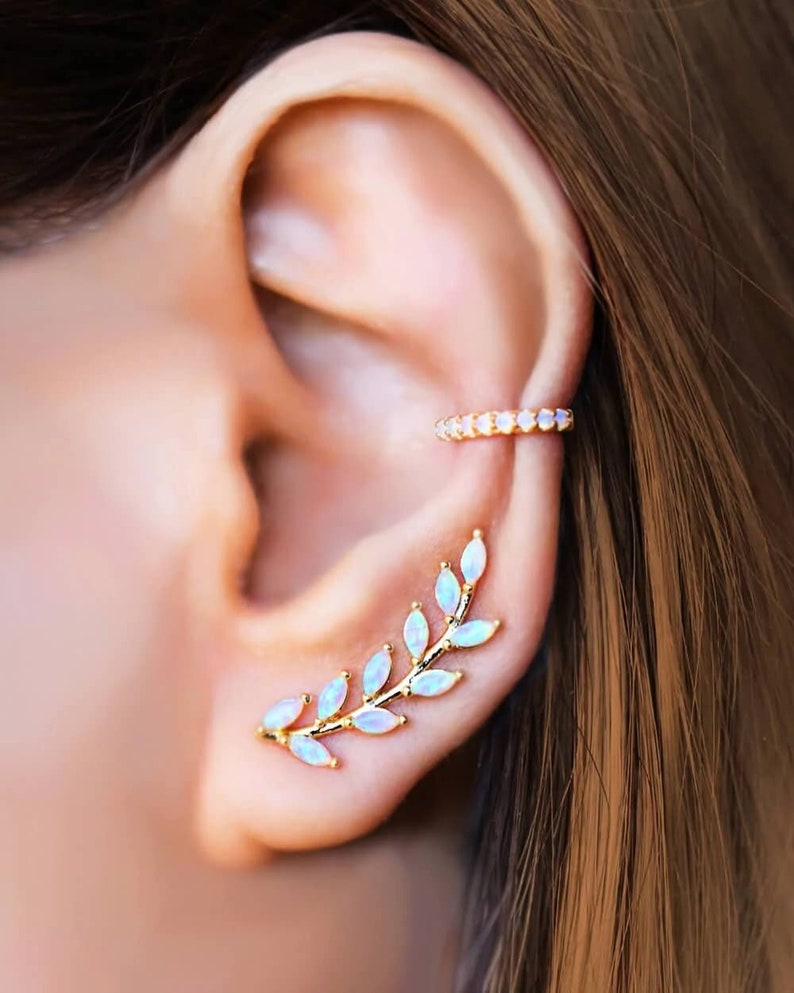 OPAL LEAF climber earrings GIFT for her gold rose silver earrings bridal earrings image 1