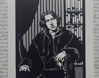 Linocut. Oscar Wilde. Linocut engraved and printed by hand. Hand printed Linocut