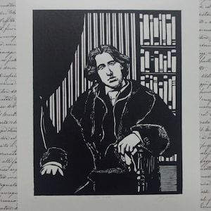 Linocut. Oscar Wilde. Hand-printed and engraved linocut. Hand-printed linocut.